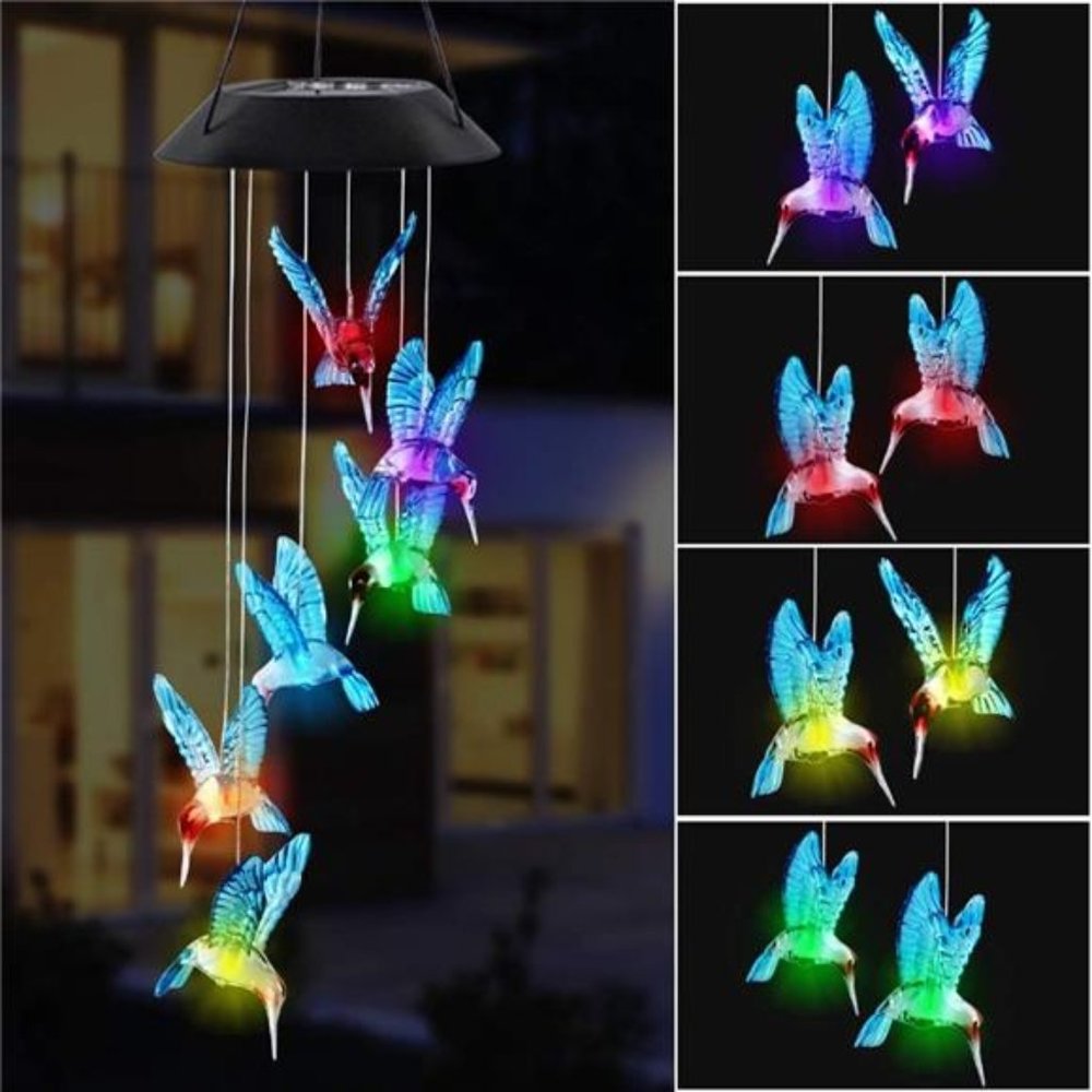 LED Solar Hummingbird Wind Chime, 25" Outdoor Hanging Wind Chime for Patio Lawn